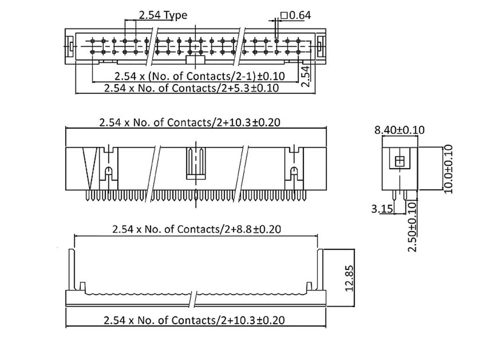Technical drawing of a connector with dimensions: Top 2.54 mm contacts, 10.3 mm length. Side view shows pin arrangement and height specifications.