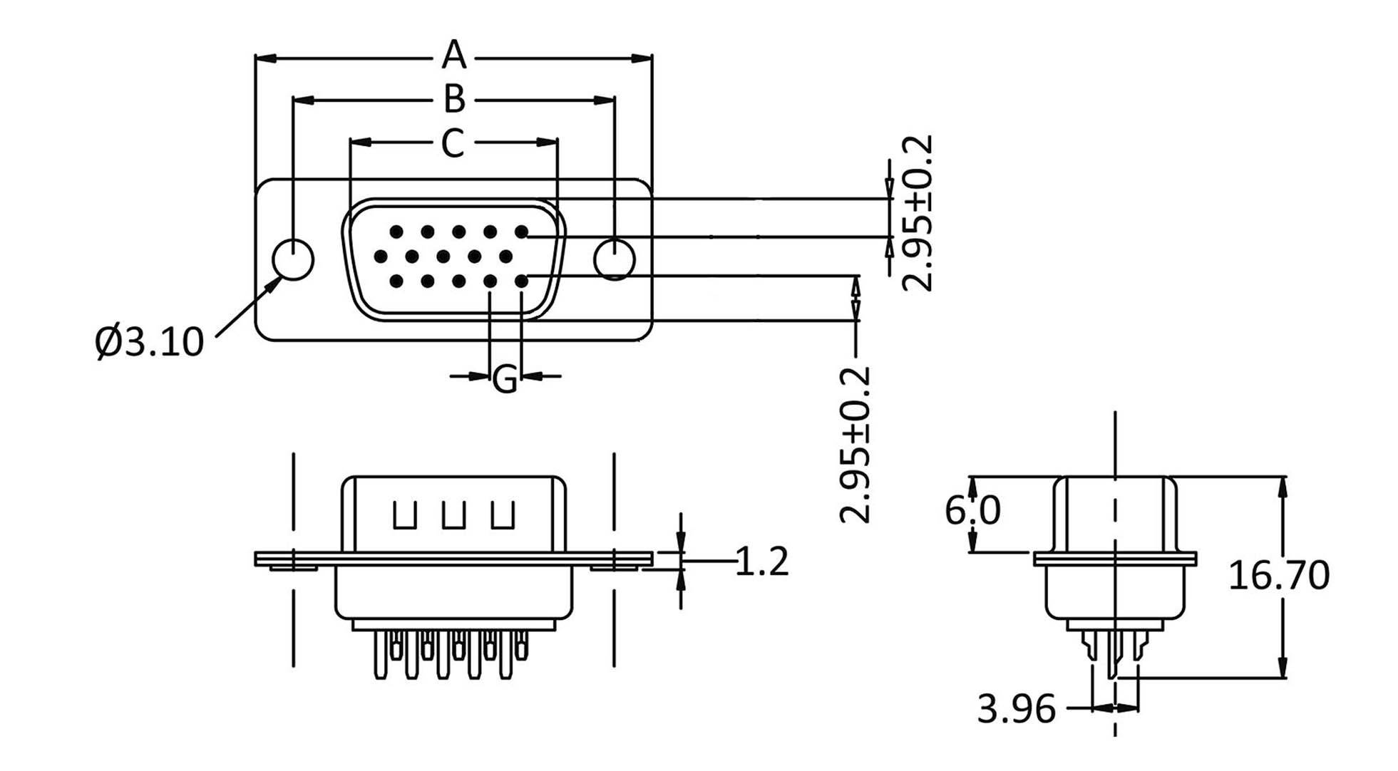Technical drawing of a D-Sub connector with dimensions in millimetres. Shows front and side views with precise dimensional specifications.