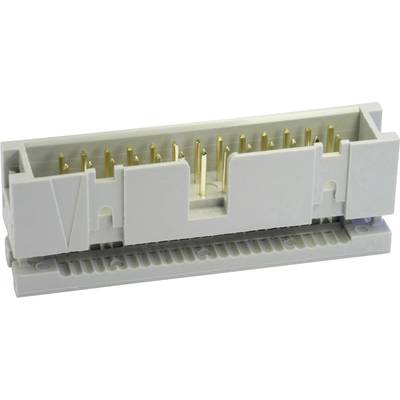 Grey electronic connector with multiple golden pins, mounted in a rectangular housing.