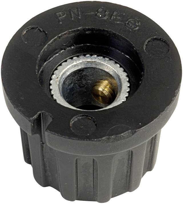 Black round plastic knob with ribbed side and metal internal thread. It is intended for manual adjustments on devices.