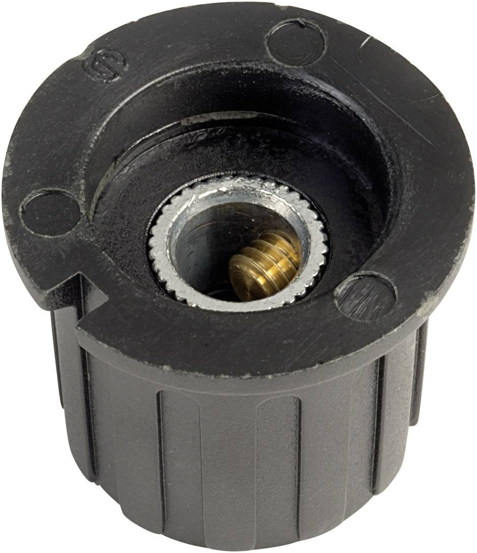 Black, cylindrical plastic component with an opening at the top, revealing a silver thread and a screw underneath.