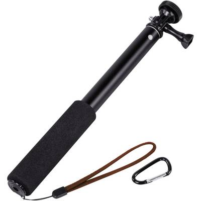 A black, extendable selfie stick with a foam grip. Beside it lies a brown hand strap and a black carabiner.