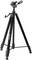 Black tripod with adjustable legs and a mount on top, suitable for cameras.