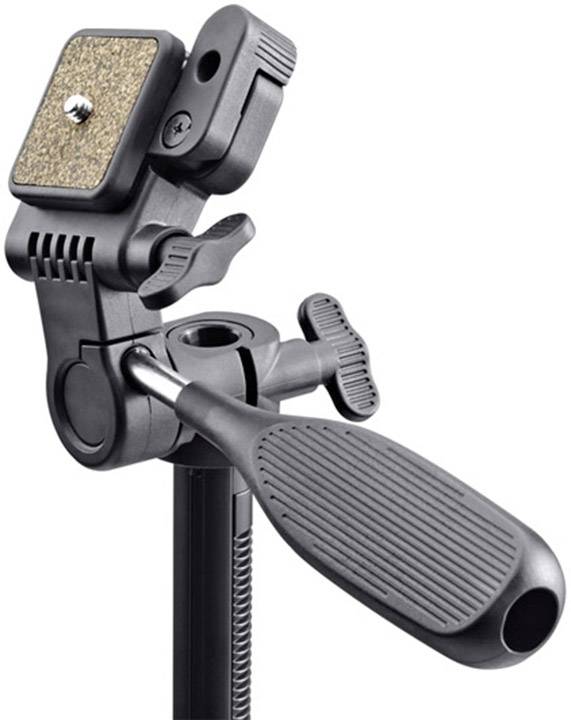 Camera tripod head with handle and adjustment screws. At the top, a camera mounting plate is visible, ready for attachment.