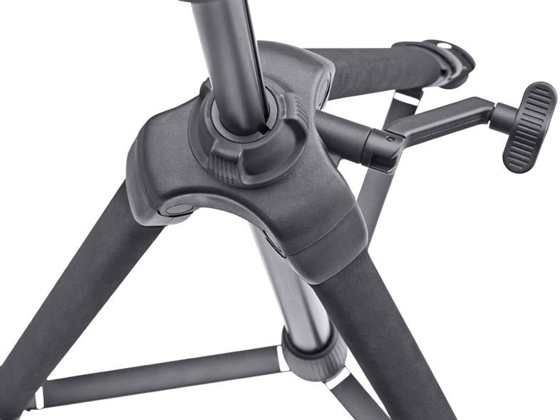A black tripod with an adjustment knob that changes the height of the middle tube. The robust construction provides stability.