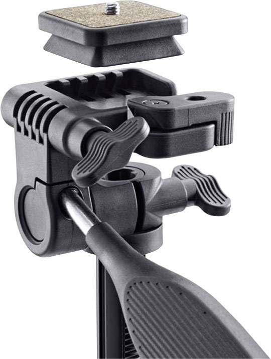 Camera tripod head with a removable quick-release plate, adjustable handles, and rotation mechanism for easy camera positioning.