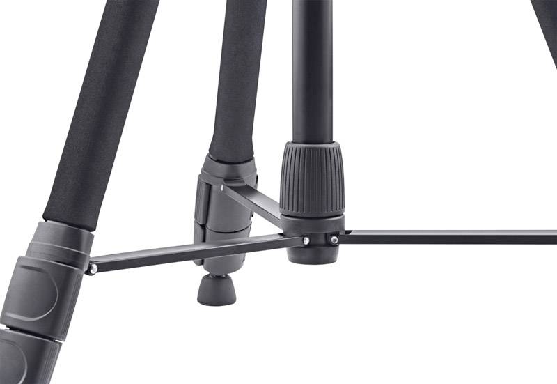 Three black tripod legs in close-up, showing strut and folding mechanism, demonstrating stability features and construction.