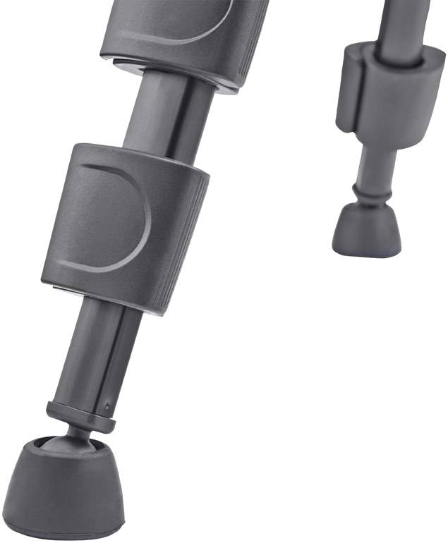 An adjustable walking stick with two segmented extensions and a non-slip rubber foot, providing stability and adaptability.