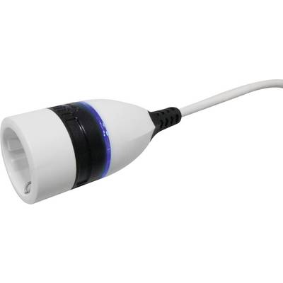 A white and black adapter with a blue light strip in the middle and a cable at the end.