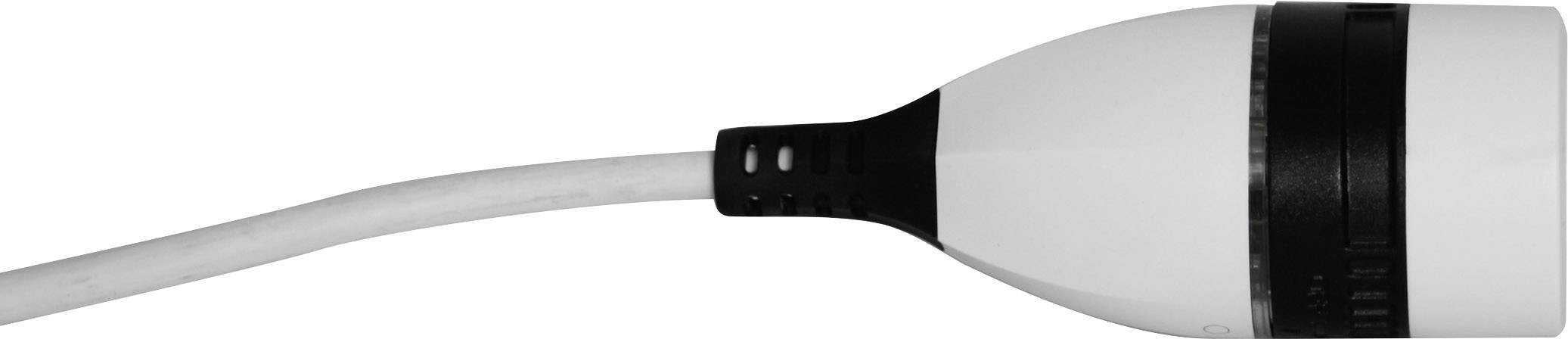 'Close-up of a white electrical cable with a black plastic connector.'