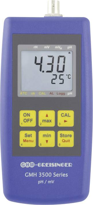Blue pH measuring device showing a reading of 4.30 at 25°C. Functional buttons underneath. Housing labelled with 'GMH 3500 Series' and manufacturer's name.