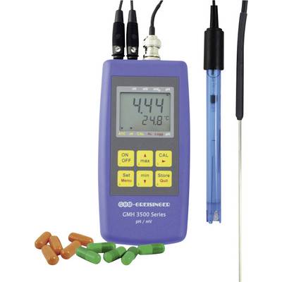 pH Meter displaying '4.44', with wiring and electrodes, surrounded by green and orange capsules.