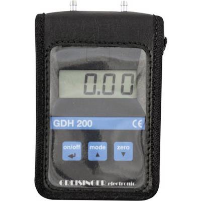 A digital pressure gauge in a black casing displays '0.00' on the screen. Below are the buttons 'on/off', 'mode', and 'zero'.