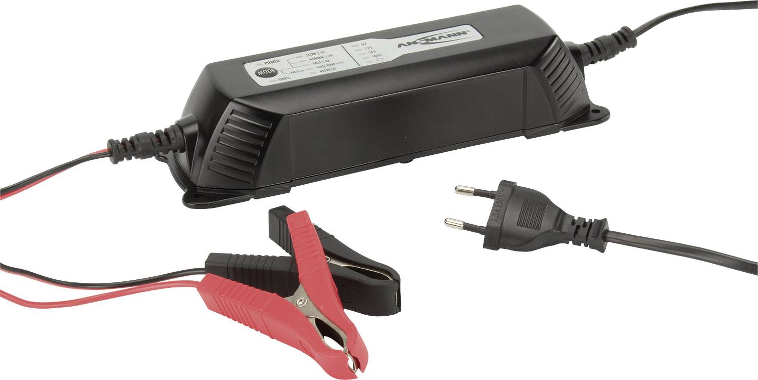 A black battery charger with crocodile clips and a European plug.