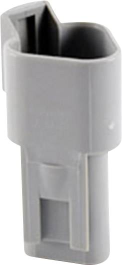 'Grey, rectangular plastic connector, slightly curved, for connecting electrical devices.'