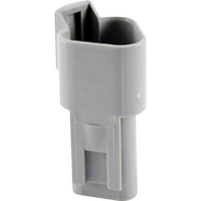'Grey, rectangular plastic connector, slightly curved, for connecting electrical devices.'