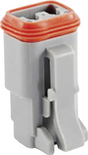 Grey electrical connector with a red seal, side locking mechanism, and rectangular shape, for cable connection.