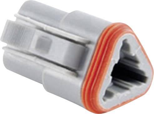 A grey plastic plug, triangular with rounded corners, features an orange seal and serves for electrical connection.