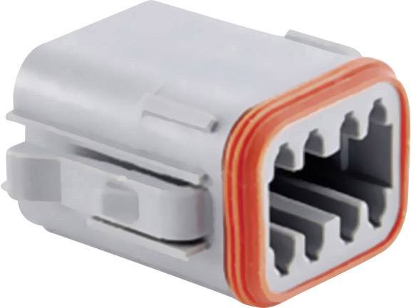 A grey, rectangular connector with an orange-coloured seal, used in electrical applications for securely connecting cables.