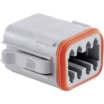 A grey, rectangular connector with an orange-coloured seal, used in electrical applications for securely connecting cables.