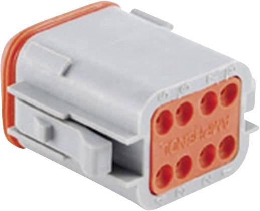 A grey electrical connector with eight contact points, surrounded by a red seal, suitable for use in vehicles.