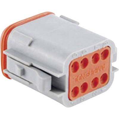 A grey electrical connector with eight contact points, surrounded by a red seal, suitable for use in vehicles.