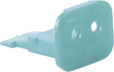 A teal-coloured plastic key with a rectangular head and two holes on it.