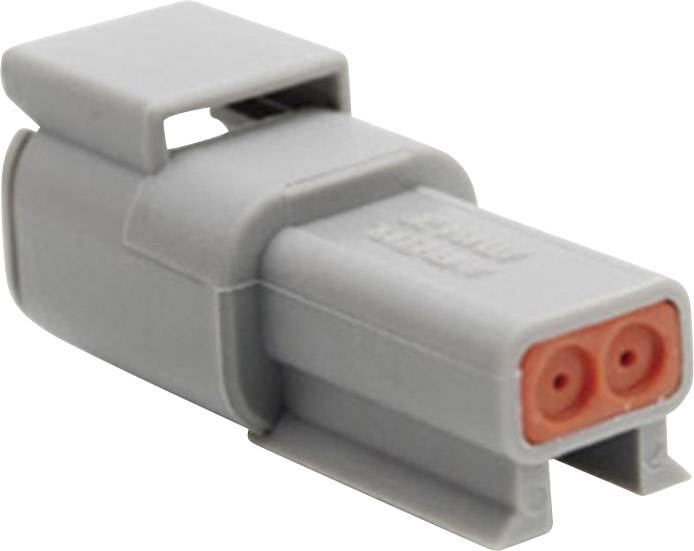 Grey, two-pole connector with rectangular plastic housing and orange contacts, for electrical connection.