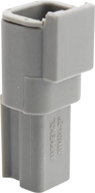 Grey plastic plug with a square opening and a ribbed grip, marked on the side with text, on a white background.