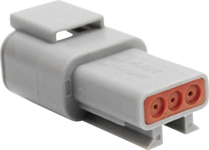 Grey electrical connector with three round socket locations, used for vehicle or industrial applications.