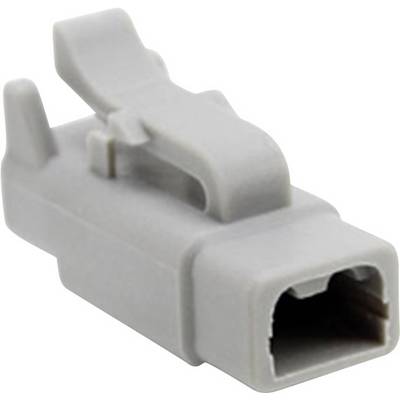 A grey electrical connector with a rectangular housing and a snap-lock mechanism.