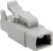 A grey electrical connector with a rectangular housing and a snap-lock mechanism.