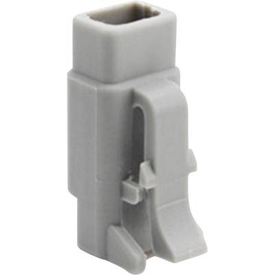 Grey plastic rectangular plug with a locking mechanism, suitable for electrical connections.