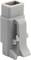 Grey plastic rectangular plug with a locking mechanism, suitable for electrical connections.