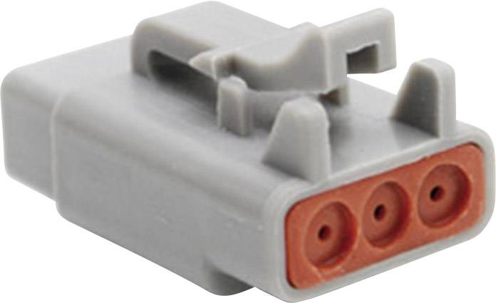 A grey three-pin electronic plug with three round contacts.