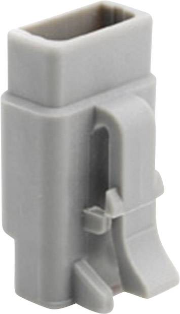 Grey, rectangular plastic plug with a clip for securing. Used for electrical connection in cable systems.