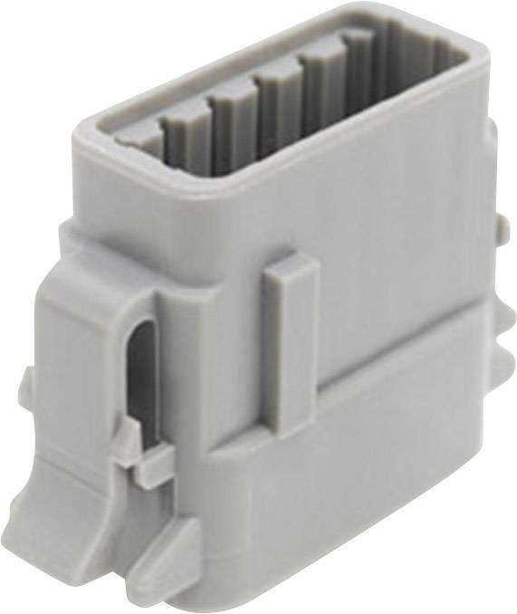A grey plastic plug with multiple socket openings, for connecting electrical devices.