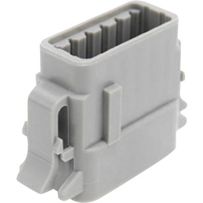 A grey plastic plug with multiple socket openings, for connecting electrical devices.