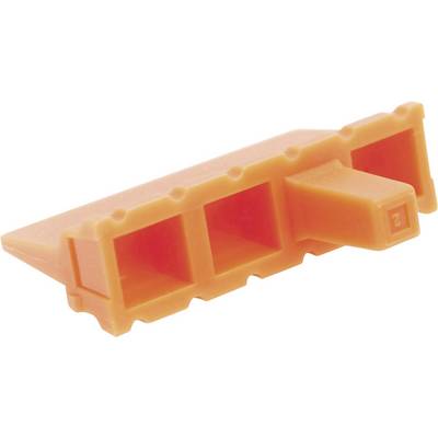 An orange triangular plastic plug with three rectangular slots, likely part of a larger mechanical system.