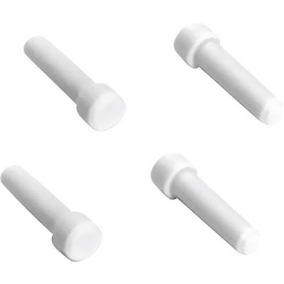 Four white, cylindrical wall plugs with flat heads, evenly arranged on a white background.