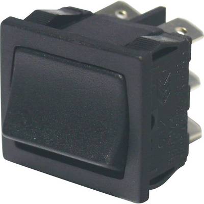 A black rocker switch with four metal terminals. Suitable for electrical devices or control panels.