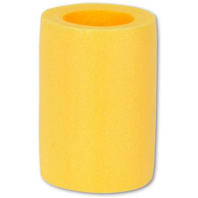 A yellow foam cylinder, often used as a swimming pool noodle, is positioned vertically.