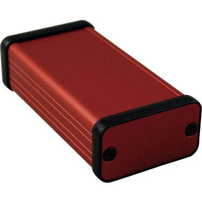 A small, rectangular metal enclosure in red with rounded corners and black end caps. Suitable for electronic devices.