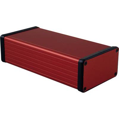 Rectangular, red metal electronics enclosure with black edges. Suitable for protecting devices or components.