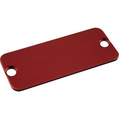 A rectangular, red metal sheet with rounded corners and two holes on the short sides.