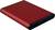 Red, rectangular external hard drive enclosure with a black border, suitable for storing data on mobile storage devices.
