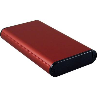 Red rectangular casing of an external hard drive or SSD drive, robust and compact.
