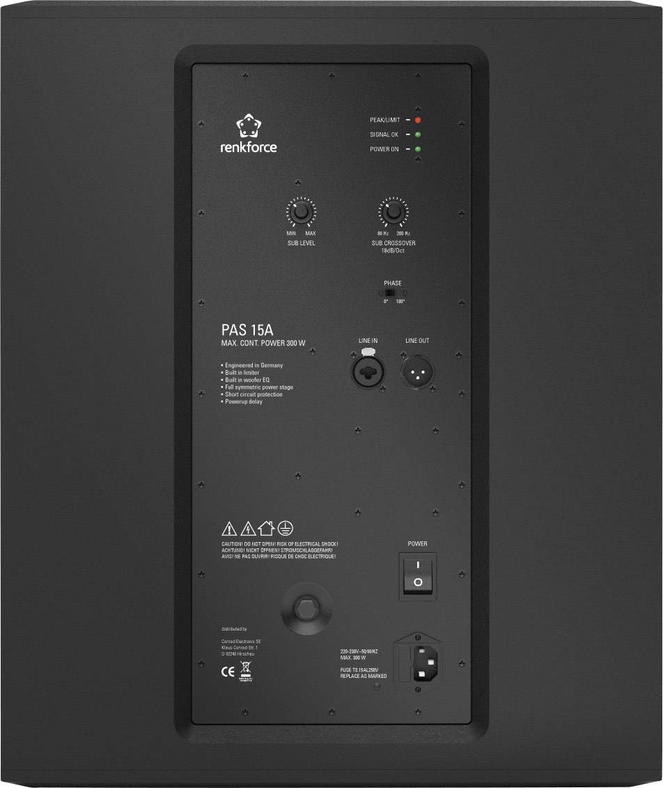 Back panel of an active loudspeaker with controls and connections, including volume control, XLR input and output, power switch.