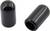 Two black plastic end caps, one standing and one lying down. They are smooth and cylindrically shaped.