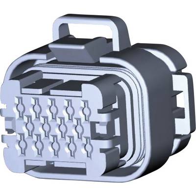 Grey, rectangular plug connector with multiple parallel slots and a handle on top, used for industrial applications.